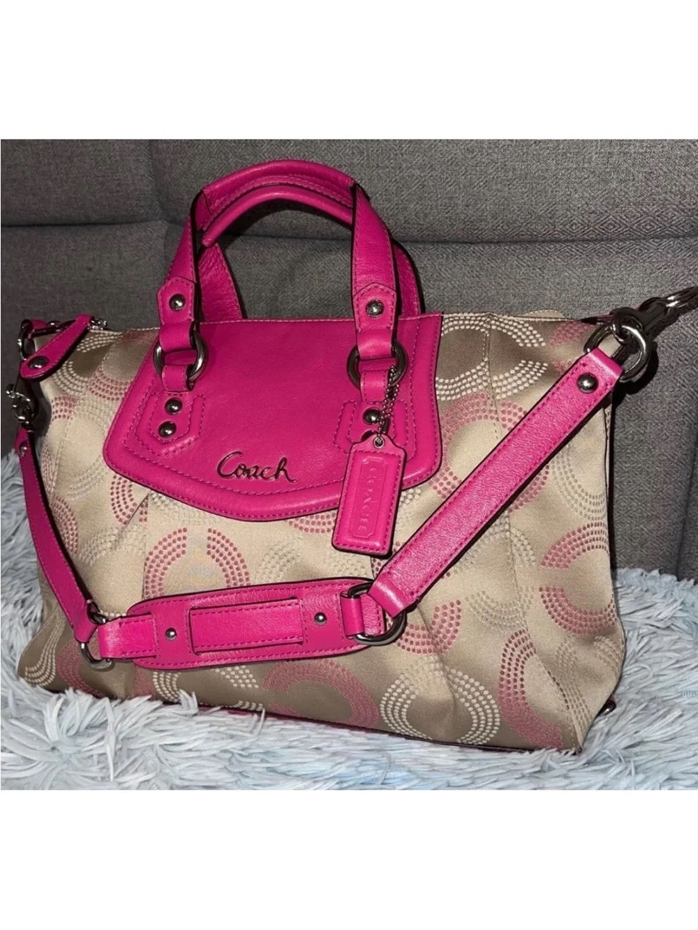 Coach Ashley Beige Signature Satchel with Hot Pink Leather Trim